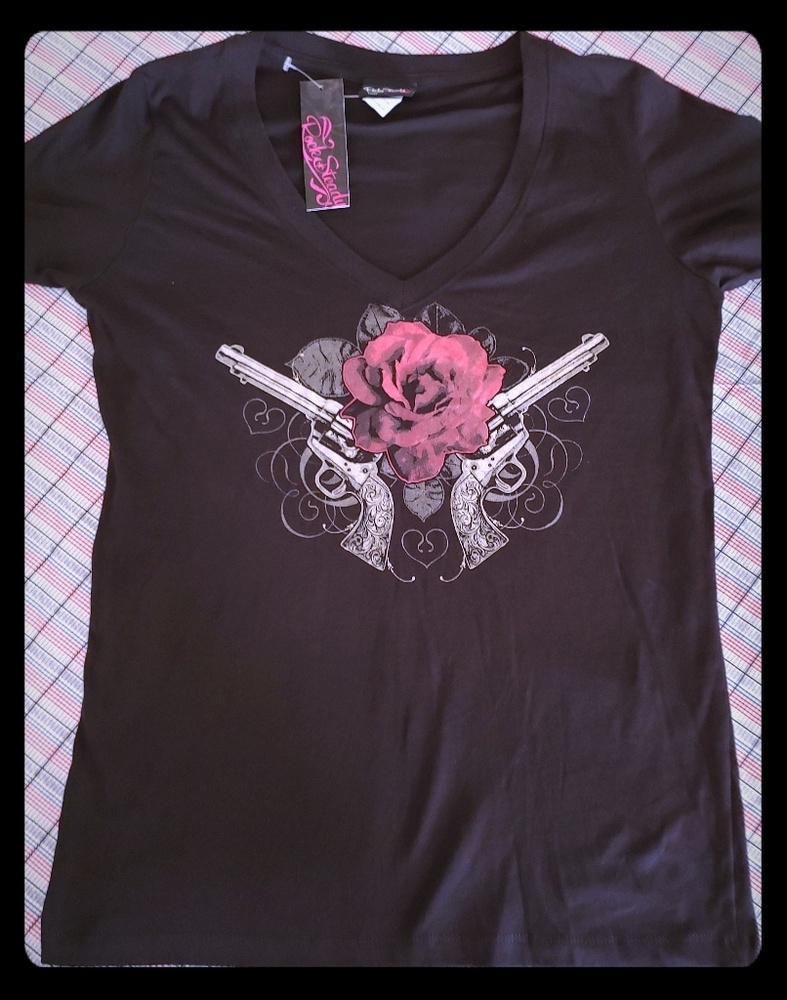 Steady Clothing Womens Black V neck Gun Tee